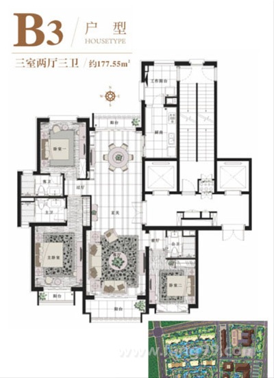 3室2厅3卫 建面约177平